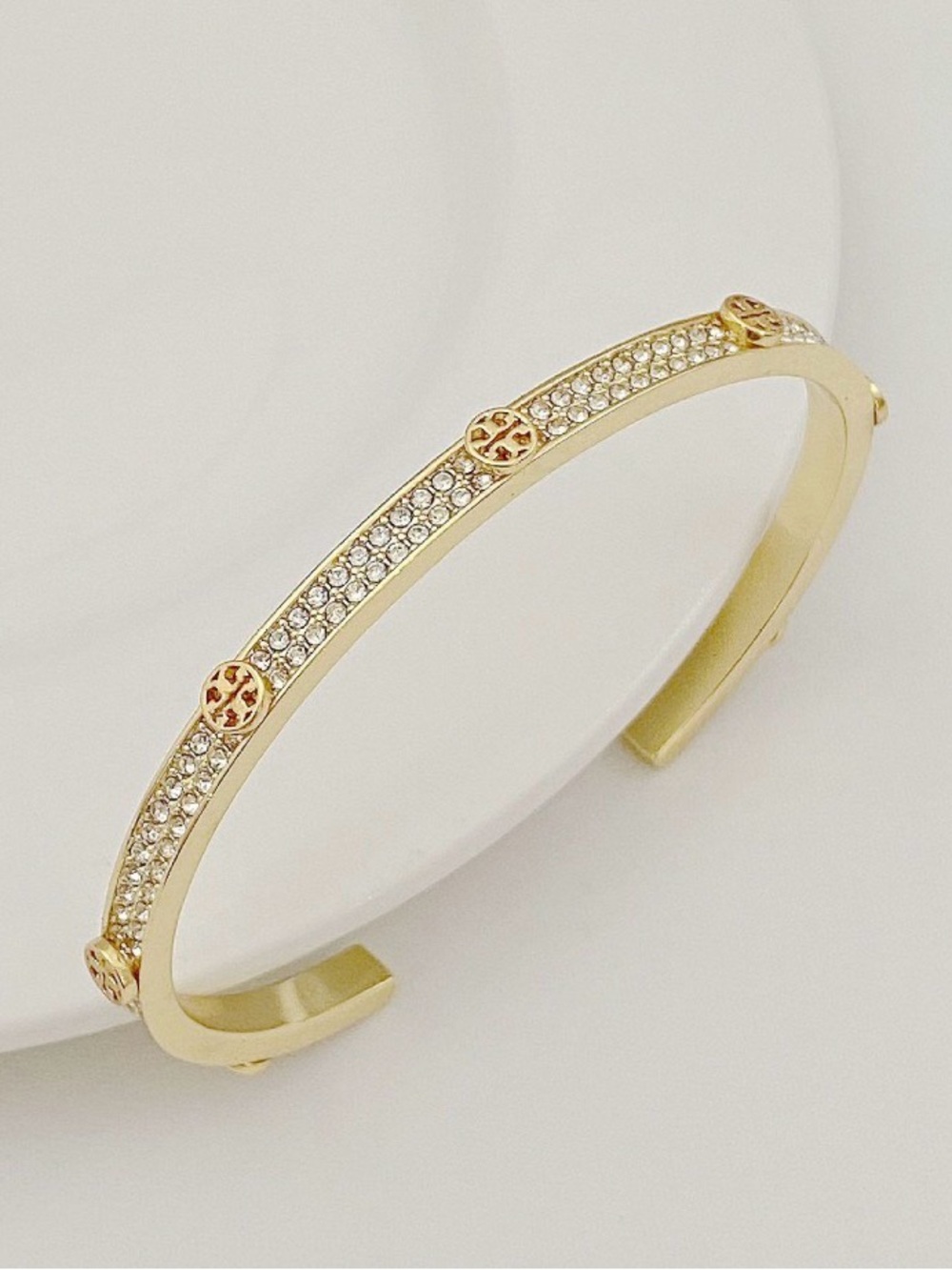 Tory Burch Gold Crystal Pavé Logo Open Cuff Bracelet